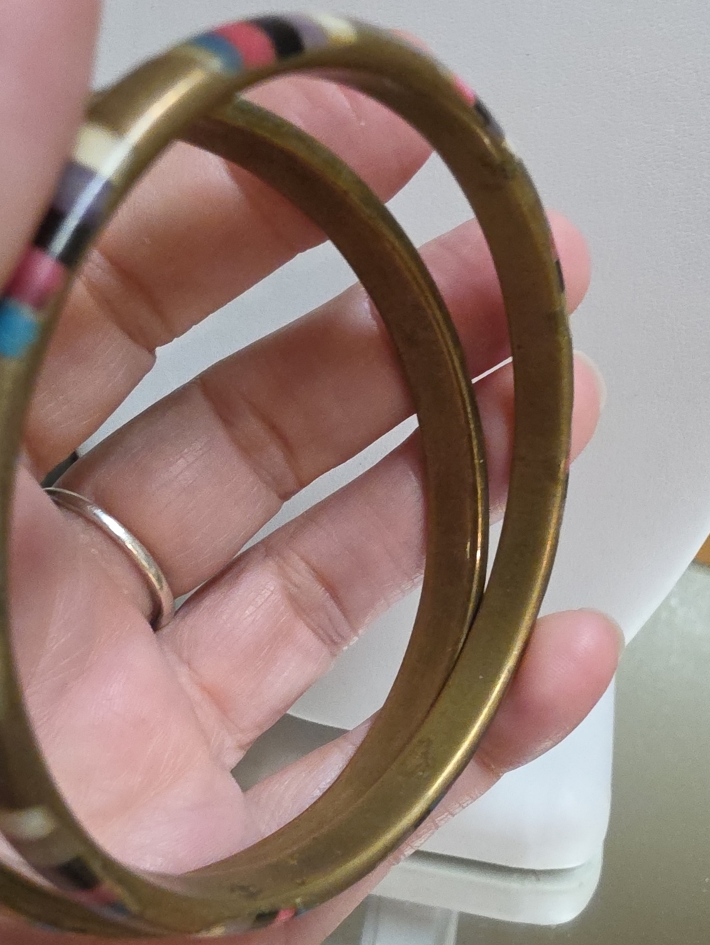 Vintage Brass and Bone Inlay Bangle Bracelets Set - Stacked Multicolor - Picture 4 of 5